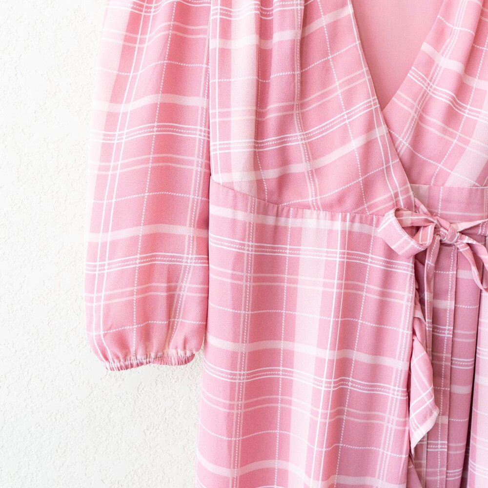 Mi Ami Pink Plaid Wrap Dress Womens M Ruffle Hem Midi Cottagecore Puff Sleeve - Picture 4 of 13